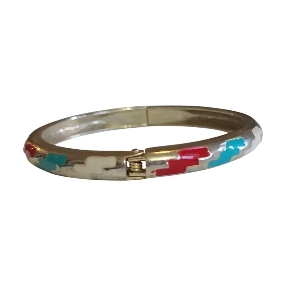 Vintage Silver Tone Hinged Enamel Bracelet Aztec Pattern